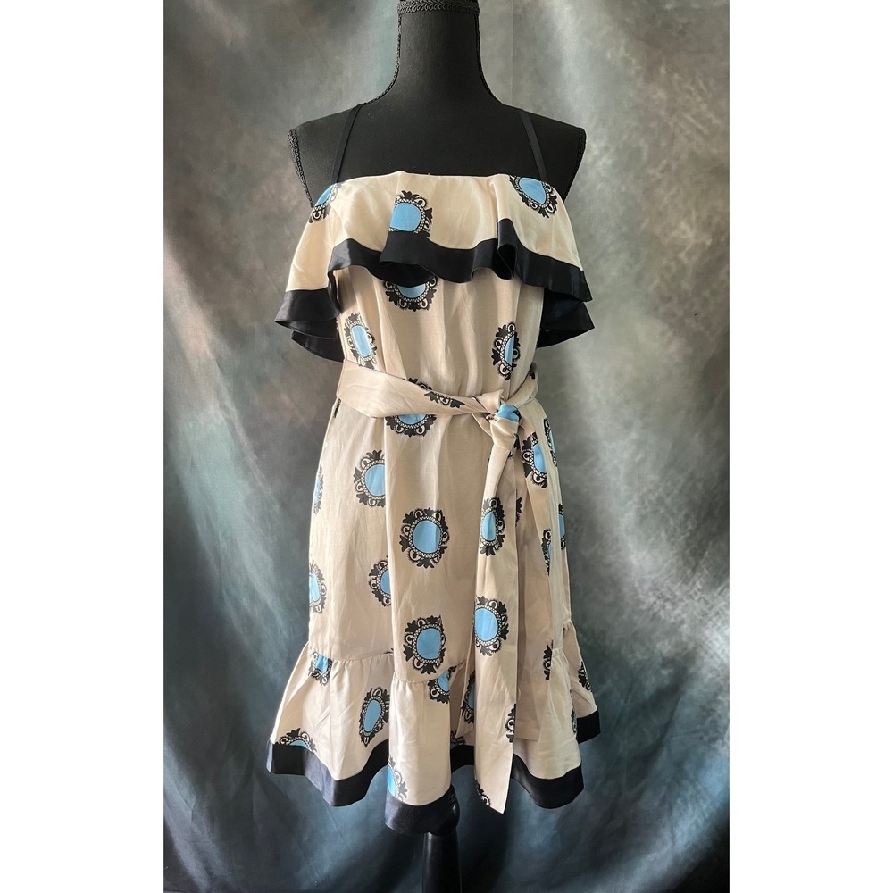 French Connection Dress Silk Blend‎ Size 6 Beige Blue Black Ruffle